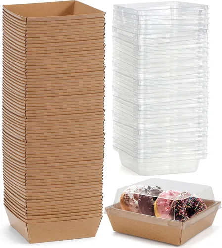 Vista 10 de Mini cajas de charcutería con tapas transparentes, 4.5 x 4.5 pulgadas, paquete de 20 cajas de postre marrones, cajas cuadradas desechables