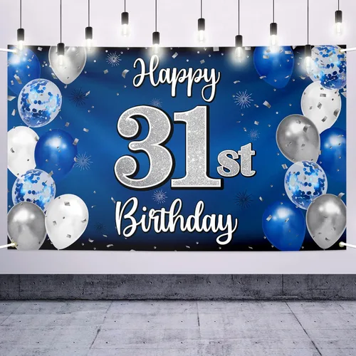 Vista 71 de Decoración de feliz cumpleaños número 100, globo azul y plateado grande cartel de fondo de cumpleaños de 100 años - Suministros para fiesta