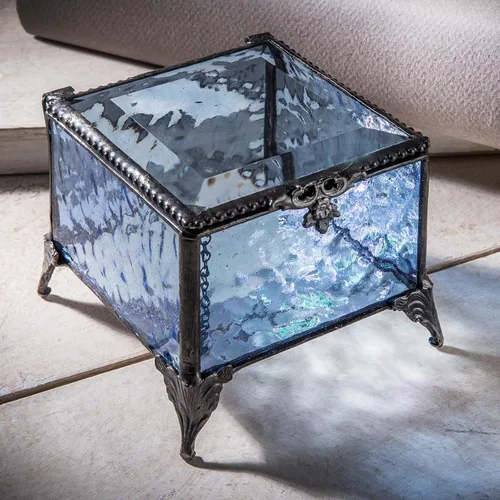 Vista 7 de Caja de cristal azul decorativa para joyería con anillo de exhibición, pulsera, aretes, organizador de almacenamiento, regalo de recuerdo para mamá