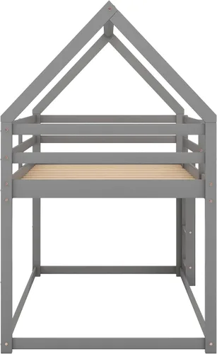 Vista 6 de Harper & Bright Designs Litera baja de tamaño individual sobre individual, marco de cama de madera para casa, escalera integrada, barandilla, techo