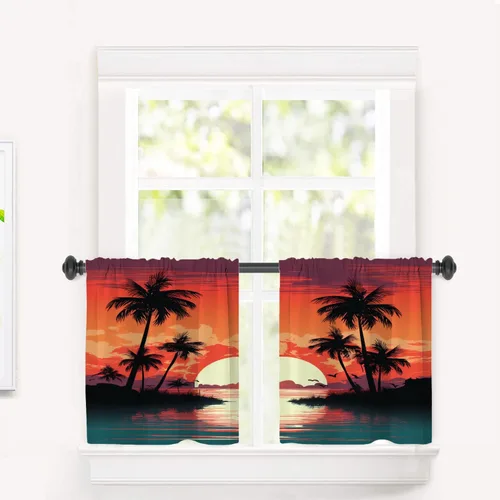 Vista 73 de Cortinas de cocina de hojas de arce otoñales para ventanas, hojas verdes y rojas sobre cenefas opacas negras, tratamientos de ventana de poliéster
