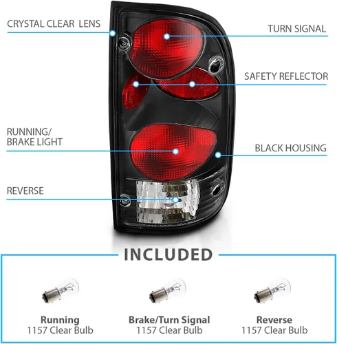 Vista 5 de AmeriLite juego de luces traseras de repuesto en negro para Toyota Tacoma 1995-2000 + bombilla y arnés - lado del pasajero y del conductor.