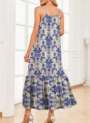 Vista 4 de Dokotoo - Vestidos de verano para mujer con tirantes delgados, cuello redondo, fruncido y volantes, vestido largo bohemio