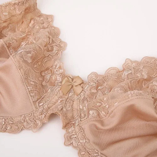 Vista 6 de TELIMUSSTO Brasier con aros de encaje floral de cobertura completa para mujer, talla grande, sin relleno, cómodo Beige