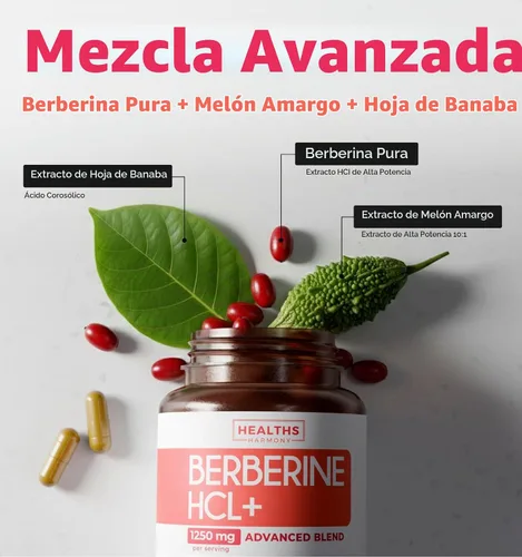 Vista 2 de Suplemento de berberina (sin OMG y vegetariano) Berberina HCL Plus Cápsulas de extracto de hoja de banaba y melón amargo - Berberina 500 mg cada