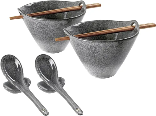 Vista 10 de UNICASA Juego de 2 cuencos japoneses para ramen con palillos, cucharas y reposos, 26 onzas, para fideos de porcelana profunda, Udon, Pho, ensalada