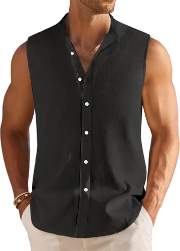 Vista 7 de Camisa sin mangas de lino guayabera cubana para hombre, camisa de verano con botones, camiseta sin mangas de playa, camiseta básica casual