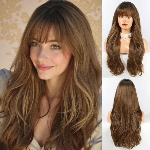 Vista 9 de HAIRCUBE Peluca larga rubia mezclada con marrón con flequillo, pelucas rizadas en capas para mujeres, pelucas sintéticas naturales para uso diario