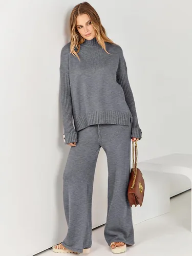 Vista 6 de ANRABESS Conjunto de 2 piezas para mujer, suéter de punto de manga larga, pantalón de pierna ancha, ropa de descanso, moda 2024