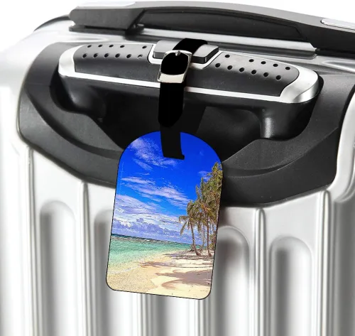 Vista 2 de Etiquetas de equipaje de vacaciones con nubes tropicales de playa, isla y cielo, tarjetas de equipaje de mano, de cuero, para maletas de viaje