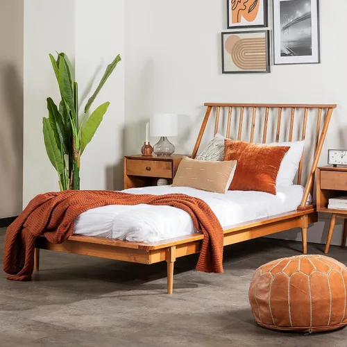 Vista 2 de Walker Edison Moderna plataforma de madera maciza de mediados de siglo, cabecero de cama, estribo, marco de cama, dormitorio, individual, caramelo