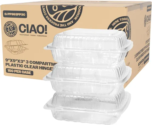 Vista 12 de CIAO! Contenedor negro con bisagras MFPP de 6"x6"x3" con tapa, 1 compartimento (caja de 300)