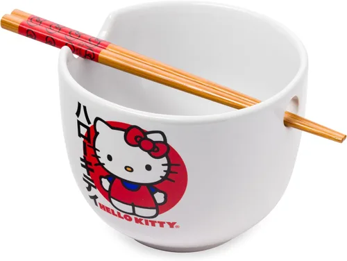 Vista 116 de Silver Buffalo Sanrio Hello Kitty Flowers, cuenco de ramen con palillos Patrón de flores de Hello Kitty