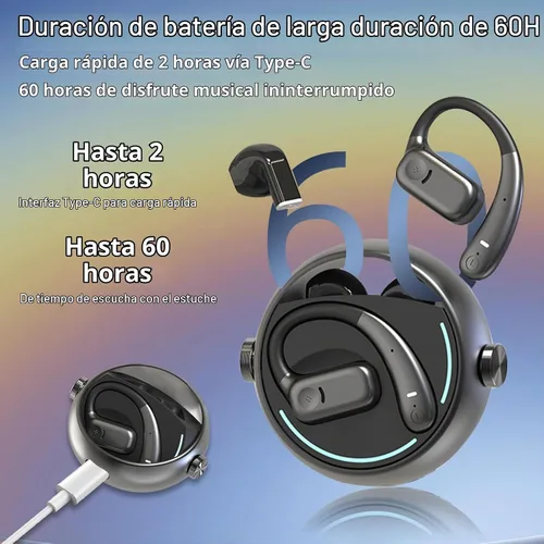 Vista 5 de Auriculares de oreja abierta 2 en 1 y auriculares intraurales, Bluetooth inalámbrico 5.4 con reproducción de 60 horas, retardo 0, control táctil