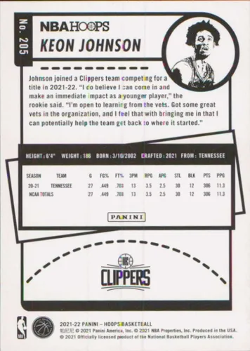 Vista 2 de 2021-22 NBA Hoops #205 Keon Johnson RC Rookie Los Angeles Clippers Official Panini Basketball Card