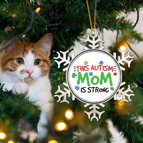 Vista 4 de Esta mamá con autismo es adornos de Navidad, concienciación sobre el autismo, regalos de recuerdo de Navidad, copo de nieve de metal, decoración