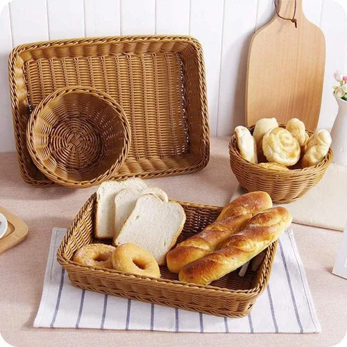 Vista 4 de Yarlung Paquete de 3 cestas de pan tejidas de ratán sintético, cestas de frutas de mimbre de plástico de 11.8 x 7.8 pulgadas para servir alimentos