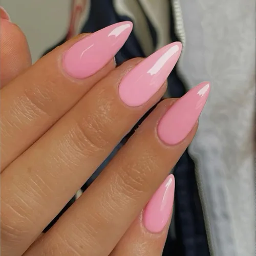 Vista 3 de Uñas postizas a presión color rosa bebé con forma de almendra, 48 piezas, uñas postizas gruesas neutras para mujeres, uñas de almendra medianas a