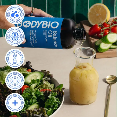 Vista 6 de BodyBio Aceite de equilibrio - Suplemento vegano Omega 3 6 - Aceite de cártamo y linaza prensado en frío - Apoya la función cerebral, la piel