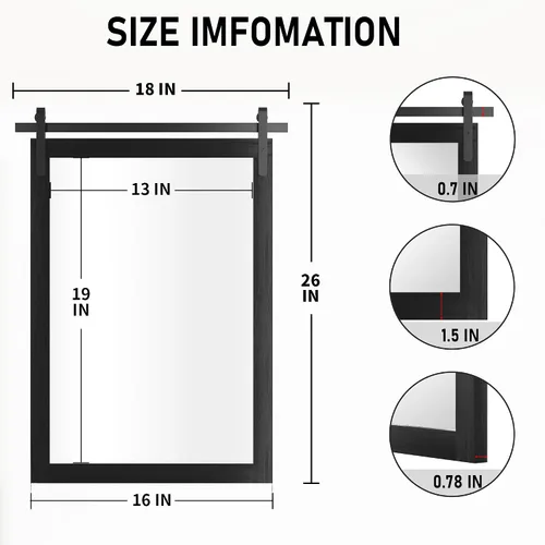 Vista 8 de Espejo Negro de Granja para Pared, Espejos Cuadrados de Baño con Marco de Madera de 18x26 Pulgadas para Tocador, Espejos Estilo Puerta de Granero
