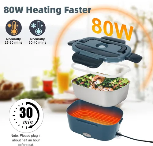 Vista 4 de SOHIDA Fiambrera eléctrica, calentador de alimentos portátil de 12 V/24 V/110 V con tenedor SS y cuchara para coche/camión/oficina, lonchera Negro