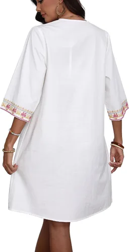 Vista 6 de Higustar Mini vestidos de verano de algodón blanco para mujer, estilo mexicano, estilo bohemio, vestido tipo babydoll para mujer