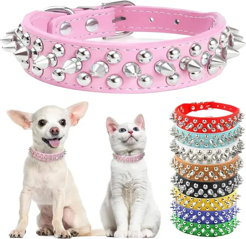 Vista 20 de Collar de perro y gato negro con púas pequeñas para perros pequeños y medianos machos – Collar ajustable con tachuelas – Collar de cuero punk