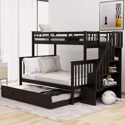 Vista 9 de Litera con cajón, base de litera individual sobre matrimonial con escalera, riel de almacenamiento y protección de seguridad, convertible
