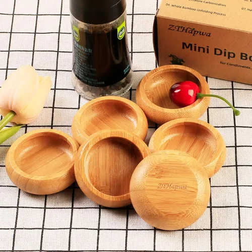 Vista 2 de Juego de Mini Cuencos, Platos de Salsa de Bambú para Mojar Aperitivos/Salsas/Nueces, Cuenco de Mezcla de Mascarilla Facial de Madera de Bambú