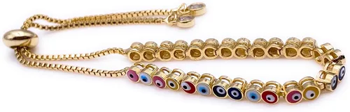 Vista 3 de LESLIE BOULES Pulsera multicolor con diseño de mal de ojo, chapada en oro de 18 quilates, joyería de protección de cadena ajustable, Vidrio, Chapado