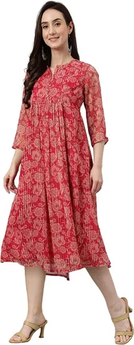 Vista 4 de Janasya Indian - Vestido acampanado de gasa rosa oscuro con estampado floral lúrex para mujer