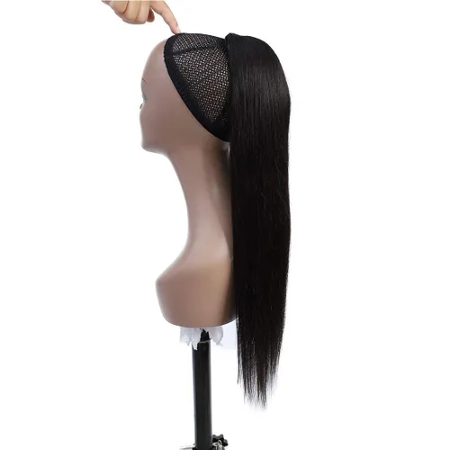 Vista 3 de Extensión de cola de caballo de cabello humano lacio con cordón para mujeres negras, color natural 1B, 12 pulgadas