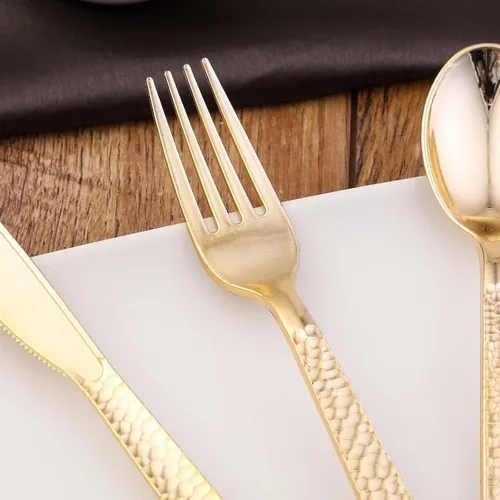 Vista 8 de Efavormart - Juego de 24 tenedores desechables de plástico color oro rosa, cubiertos resistentes de 7 pulgadas con elegante diseño martillado