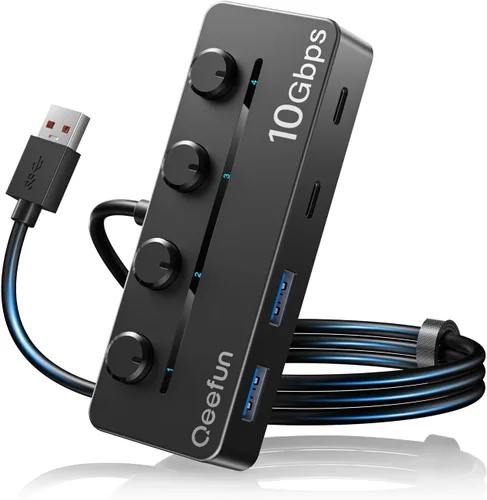 Vista 16 de Qeefun Hub USB 3.2 de 10 Gbps con 2 puertos USB A y 2 puertos de datos USB-C 3.2, divisor USB 3.2 Gen 2, cable largo extendido de 4 pies y puerto