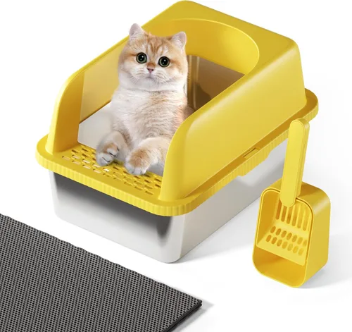 Vista 17 de Caja de arena para gatos de acero inoxidable con tapa, 20 pulgadas de largo x 14.2 pulgadas de ancho x 11.8 pulgadas de alto, caja de arena grande