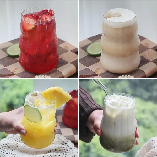 Vista 6 de 4 vasos de vidrio acanalados, cristalería vintage con popote de vidrio, taza de café helado de burbujas de 18 onzas para jugo, té, bebidas, leche