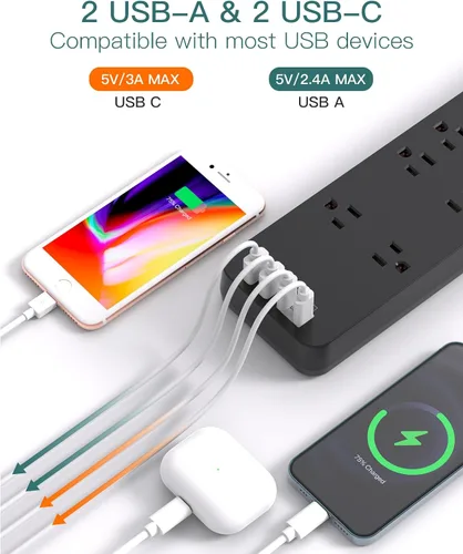 Vista 5 de Addtam - Regleta de alimentación con 10 tomas y 4 puertos USB (2 USB C), 2700J, 6 pies Extension Cord with Multiple Outlets, Surge Protector Power