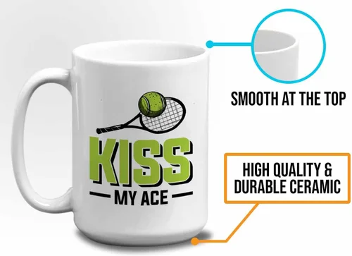 Vista 5 de Taza de café de tenis de 15 onzas, color blanco, Kiss My Ace, jugador de tenis, atleta, afición, divertido juego de palabras, sarcasmo, broma