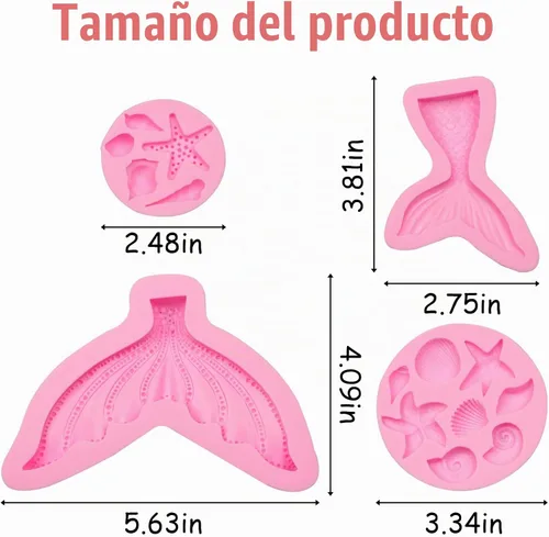 Vista 2 de Moldes de fondant con temática marina, 4 piezas, cola de sirena, concha, estrella de mar, para hornear, chocolate, moldes de silicona