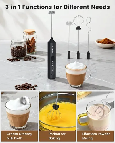 Vista 2 de AMOSA Espumador de leche de mano con soporte, espumador recargable con 3 velocidades y 3 cabezales, espumador de viaje con funda, mezclador de café