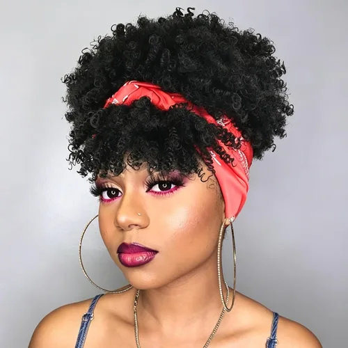Vista 22 de Aisaide Peluca de Diadema Afro Rizada Crespa, Pelucas Afro Negras Cortas para Mujeres Negras, Peluca Sintética Rizada Crespa con Diadema y Flequillo