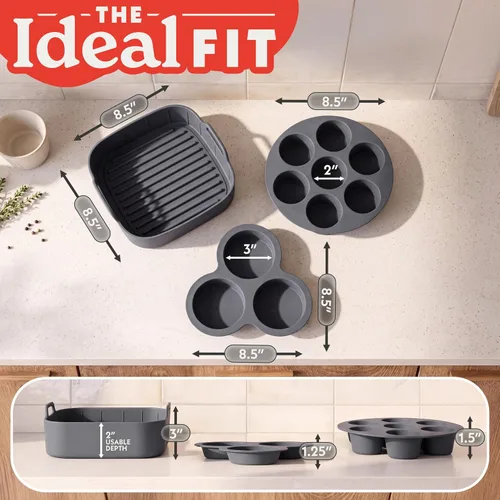 Vista 10 de Gourmia Set de Accesorios para Freidora de Aire - Juego de 3 Piezas de Silicona, Forro, Olla para Huevos, Molde para Cupcakes de 7 Agujeros, Sin