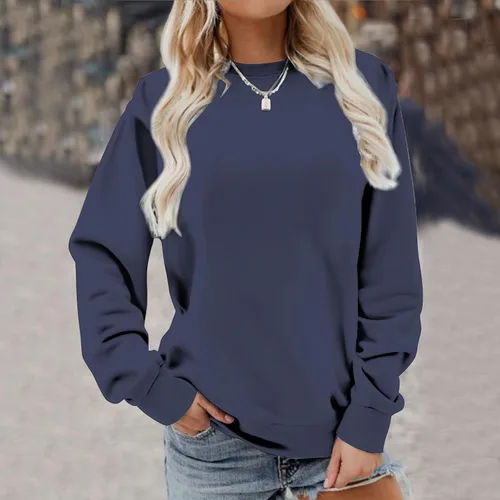 Vista 4 de Ceboyel Camisas de manga larga para mujer, color liso, cuello redondo, ajuste holgado, ropa casual de otoño