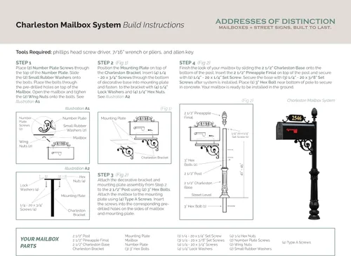 Vista 7 de Charleston sistema de buzón y poste – Buzón negro resistente a la oxidación – Incluye placa de dirección, números, pergamino y accesorios de montaje