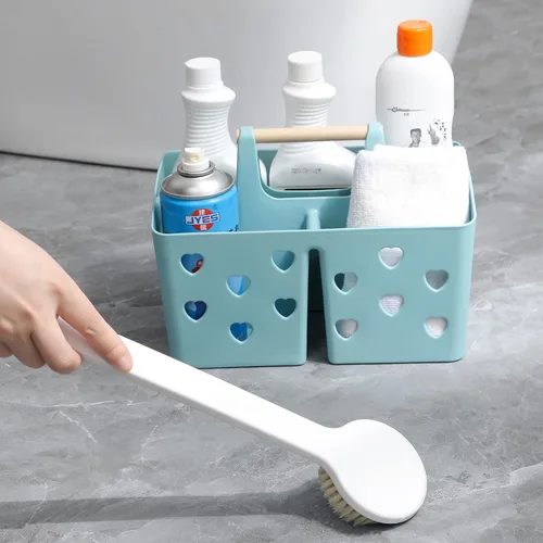 Vista 5 de Anyoifax Cesta de plástico portátil con mango de madera, organizador de almacenamiento dividido con compartimentos para baño, dormitorio