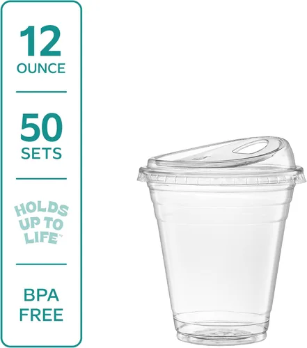 Vista 2 de GUSTO Vasos de plástico transparente con tapas [12 oz - 50 unidades] - Vasos desechables para bebidas de café helado con tapas para sorber sin