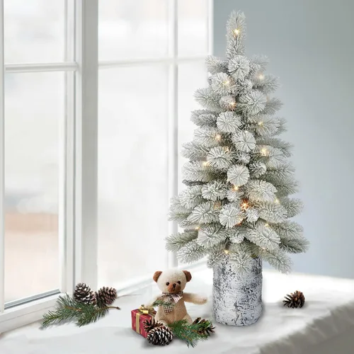Vista 4 de Árbol de pino noruego flocado B/O de 3.5 pies, 91 puntas, 50 luces LED blancas cálidas (3 pilas AA no incluidas), función de temporizador