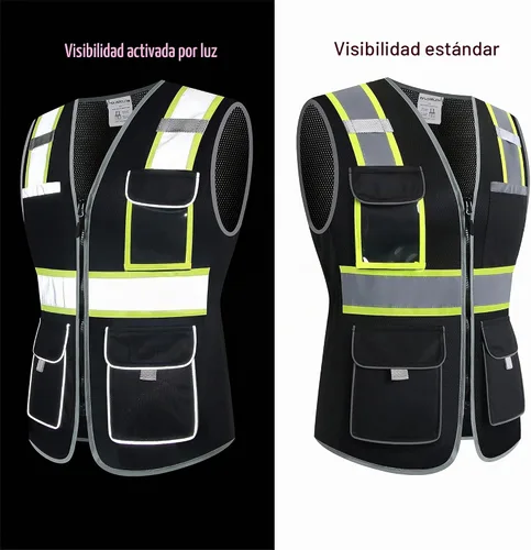 Vista 3 de Chaleco de seguridad para mujeres, chaleco de trabajo reflectante de alta visibilidad con 9 bolsillos múltiples y cremallera Negro