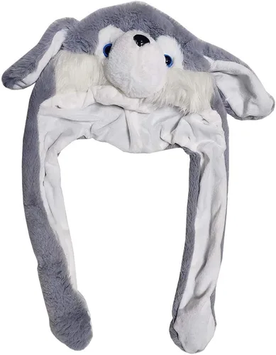 Vista 2 de Topwon - Gorro de conejo de peluche con orejas de conejo que aparecen cuando se presionan las patas, color gris