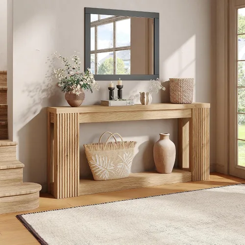 Vista 7 de Maupvit Mesa consola de madera acanalada con 2 almacenamientos, mesa de entrada rectangular de 71 pulgadas detrás del sofá, mesa de sofá